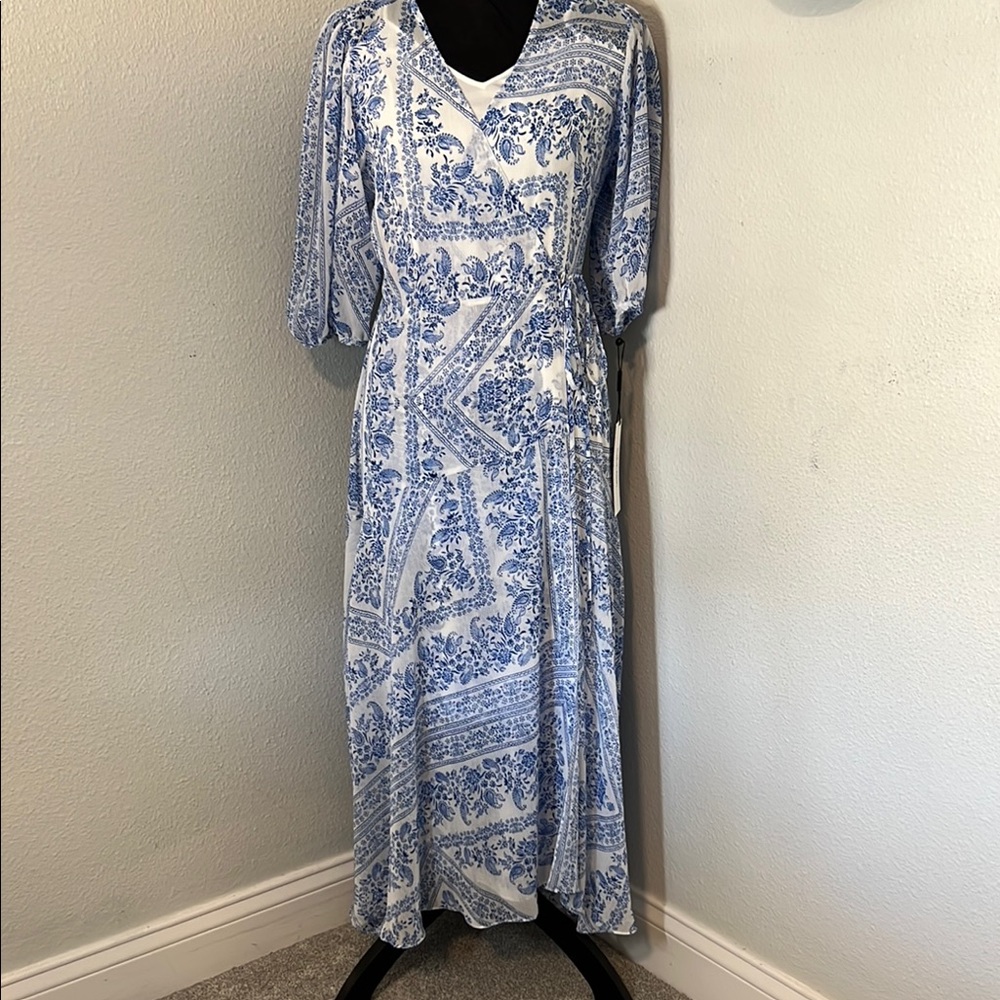 Calvin Klein Blue and White V-Neck Maxi Dress with Bishop Sleeves